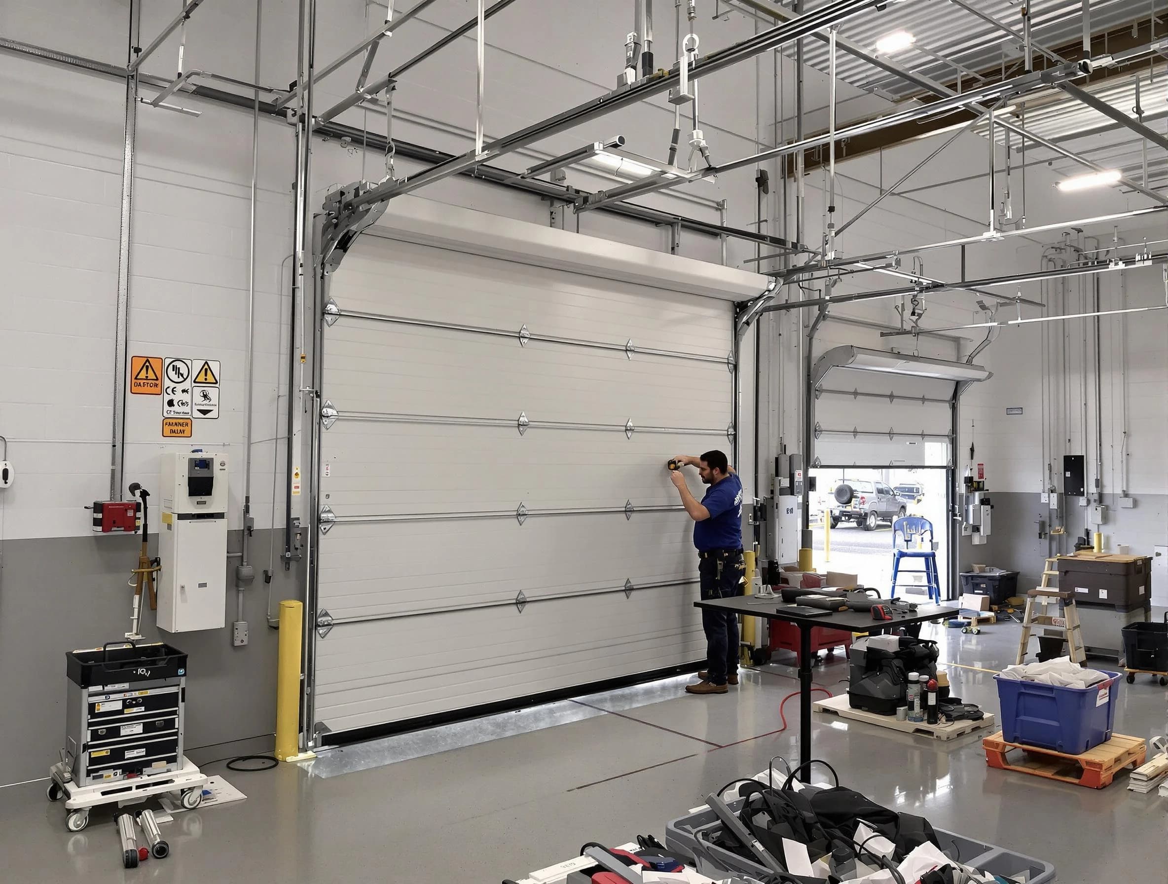 Commercial garage door repair being performed by McDonough Garage Door Repair expert in McDonough