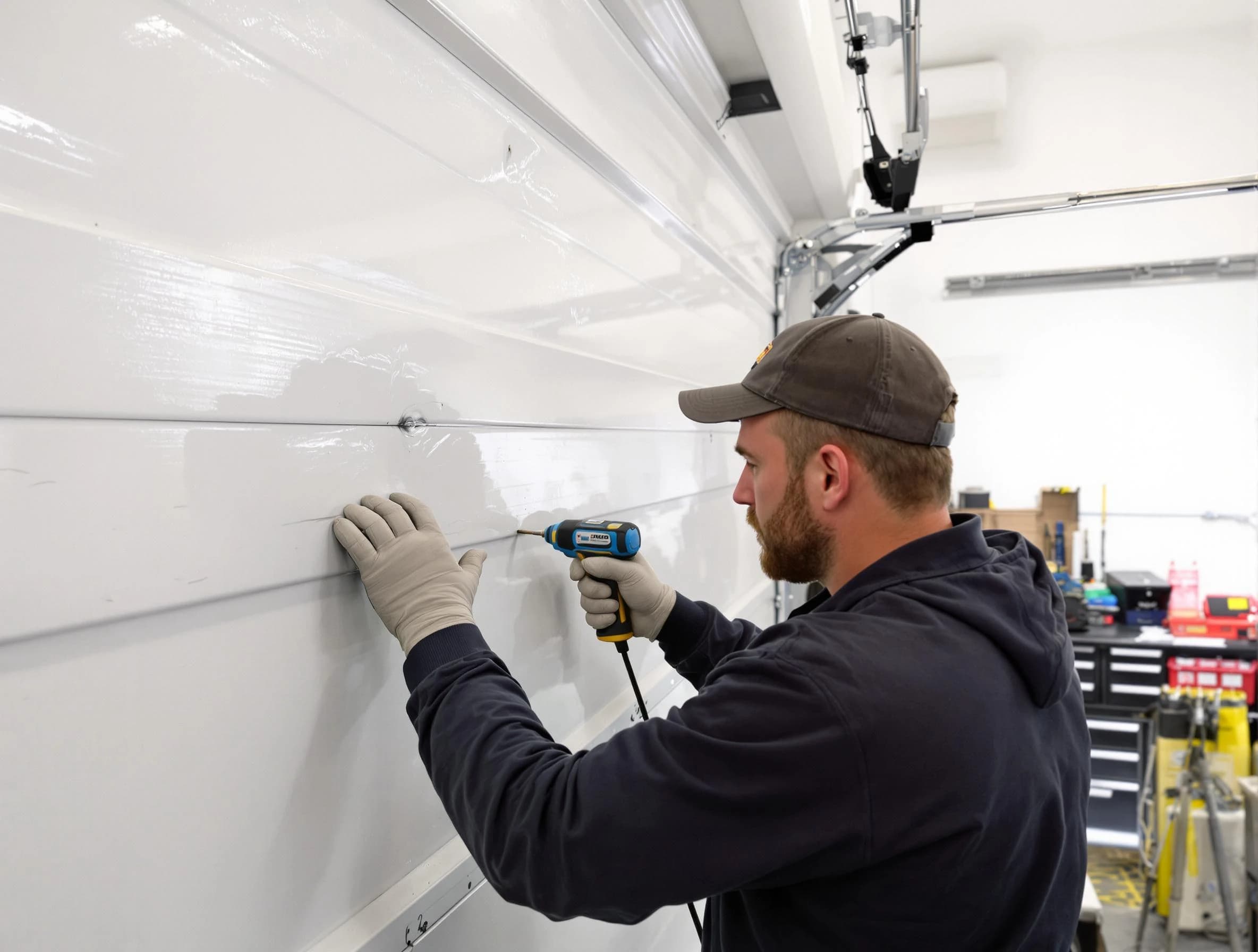 McDonough Garage Door Repair technician demonstrating precision dent removal techniques on a McDonough garage door