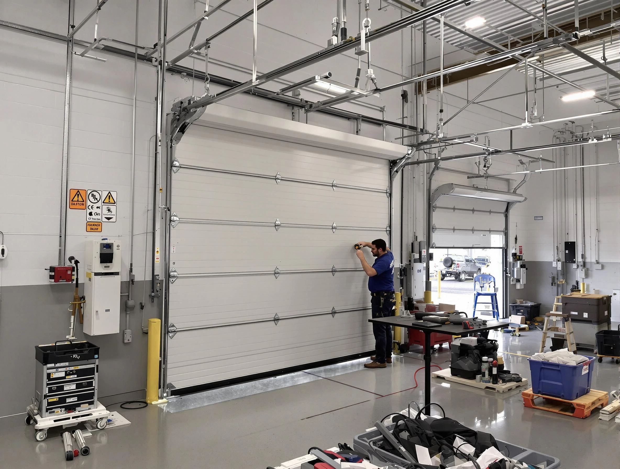 Commercial garage door repair being performed by McDonough Garage Door Repair expert in McDonough